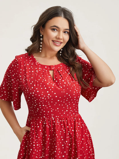 Polka Dots Print Cut-Out Flutter Sleeve Midi Dress