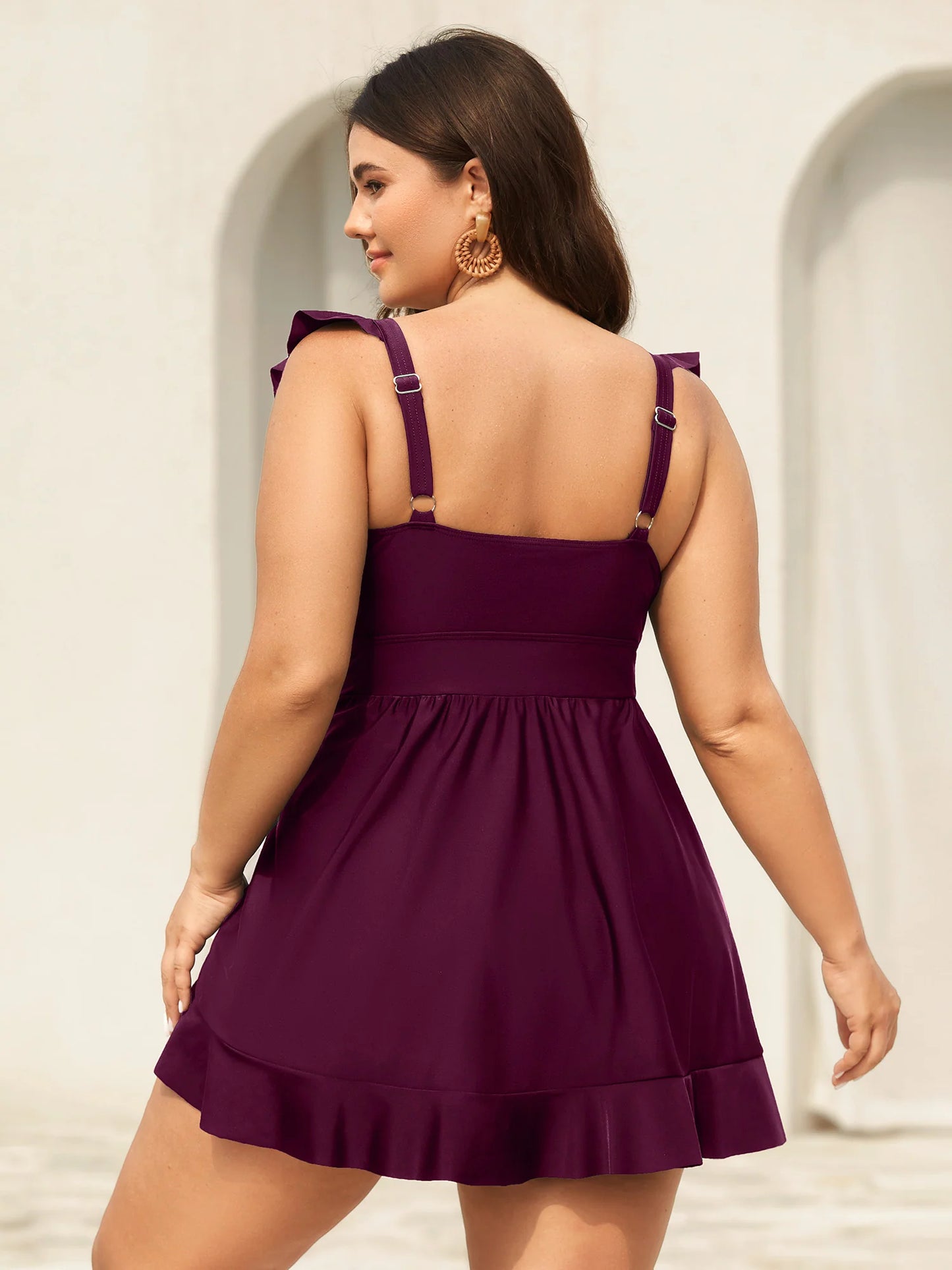 Ruffled Hem Flutter Sleeve Drawstring Swim Dress