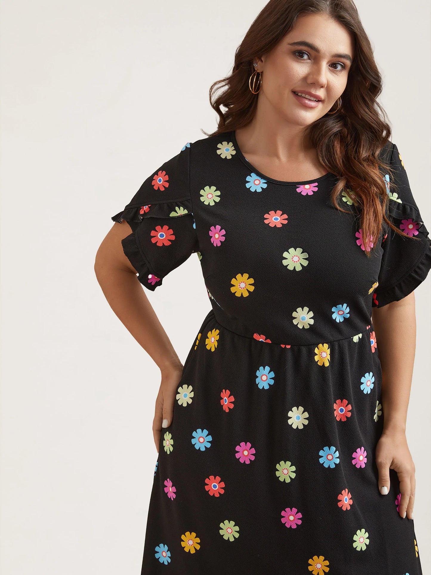 Stretchy-Waist Floral Print Pockets Midi Dress