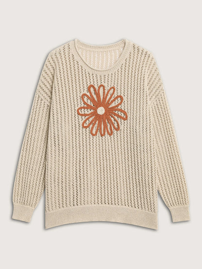 Floral Motif Cut-Out Textured Pullover