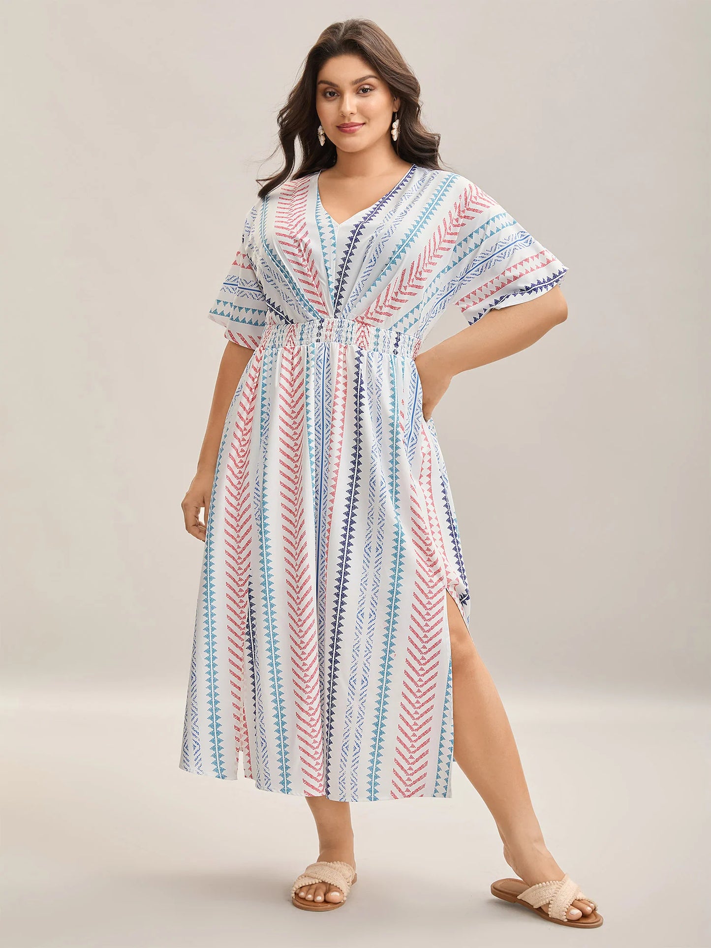 Solid Geometric Dolman Sleeve Pocket Shirred Split Hem Dress