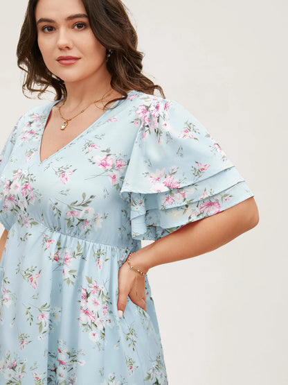 Floral Elastic Waist Tiered Ruffle Sleeve Dress