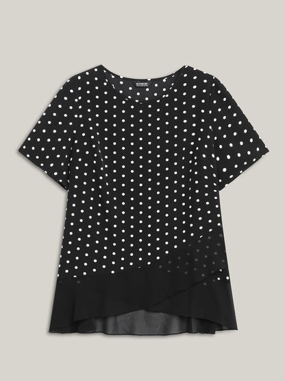 Polka Dots Spliced Ruffled Hem Shirt