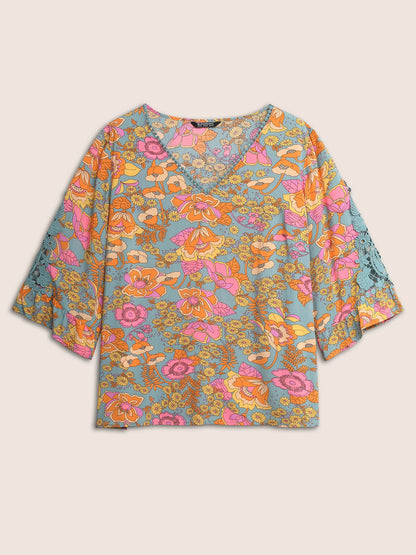 Boho Print Guipure Lace Ruffles Blouse