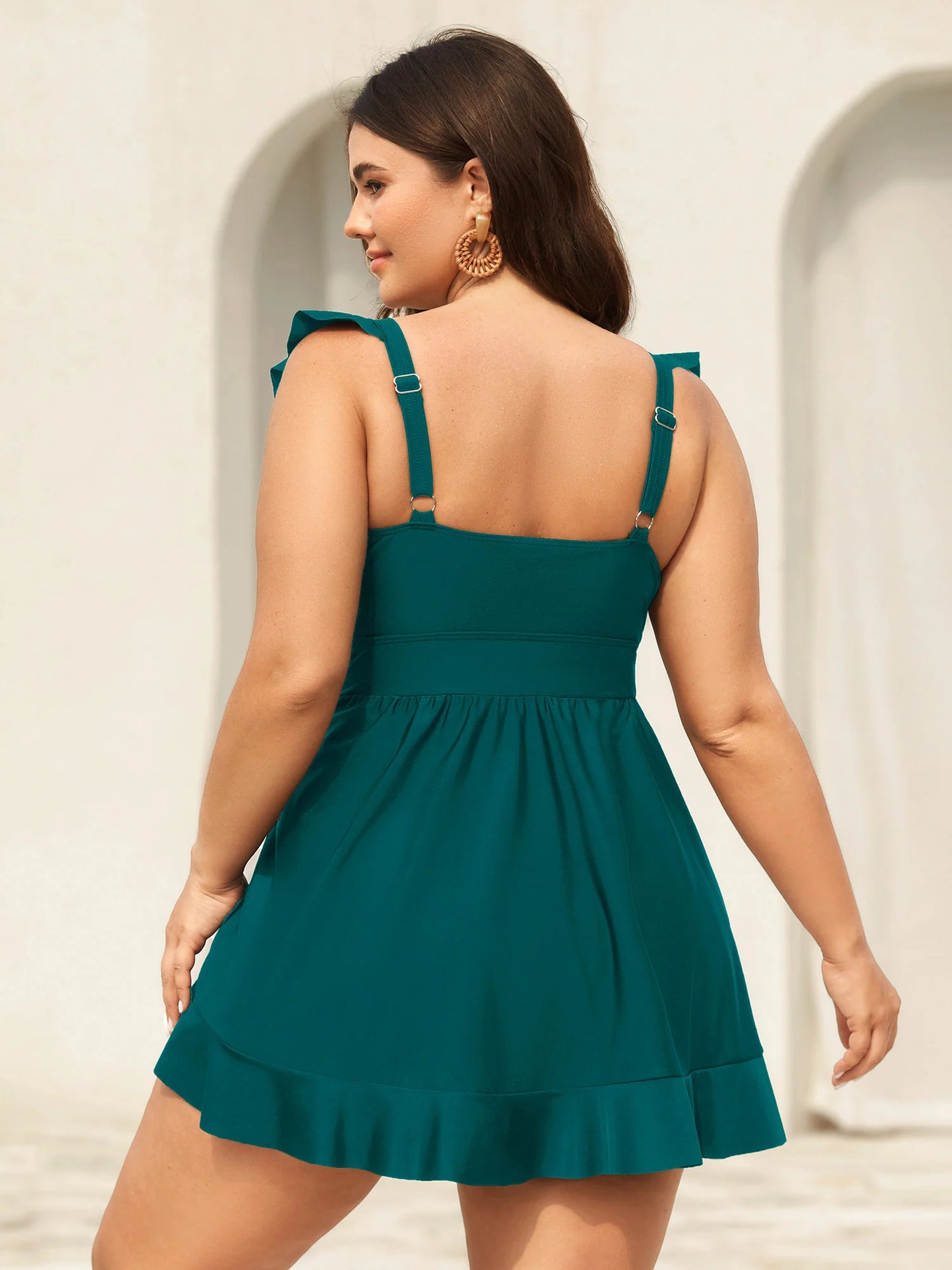 Ruffled Hem Flutter Sleeve Drawstring Swim Dress