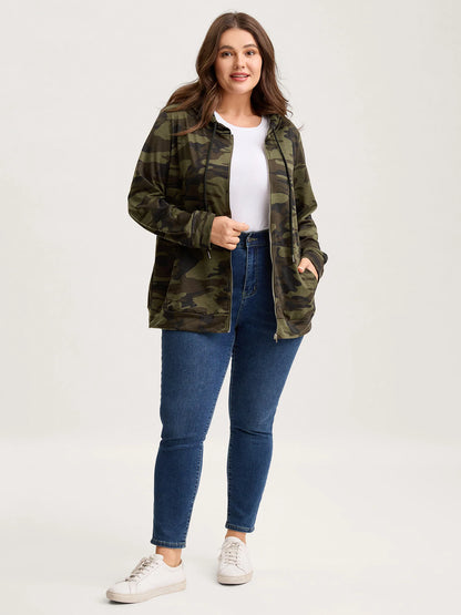 Camouflage Print Stretchy Zipper Hoodie