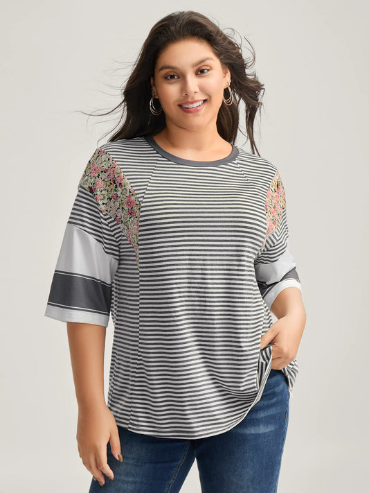 Cotton Mixed Print Floral Detail Knit Top