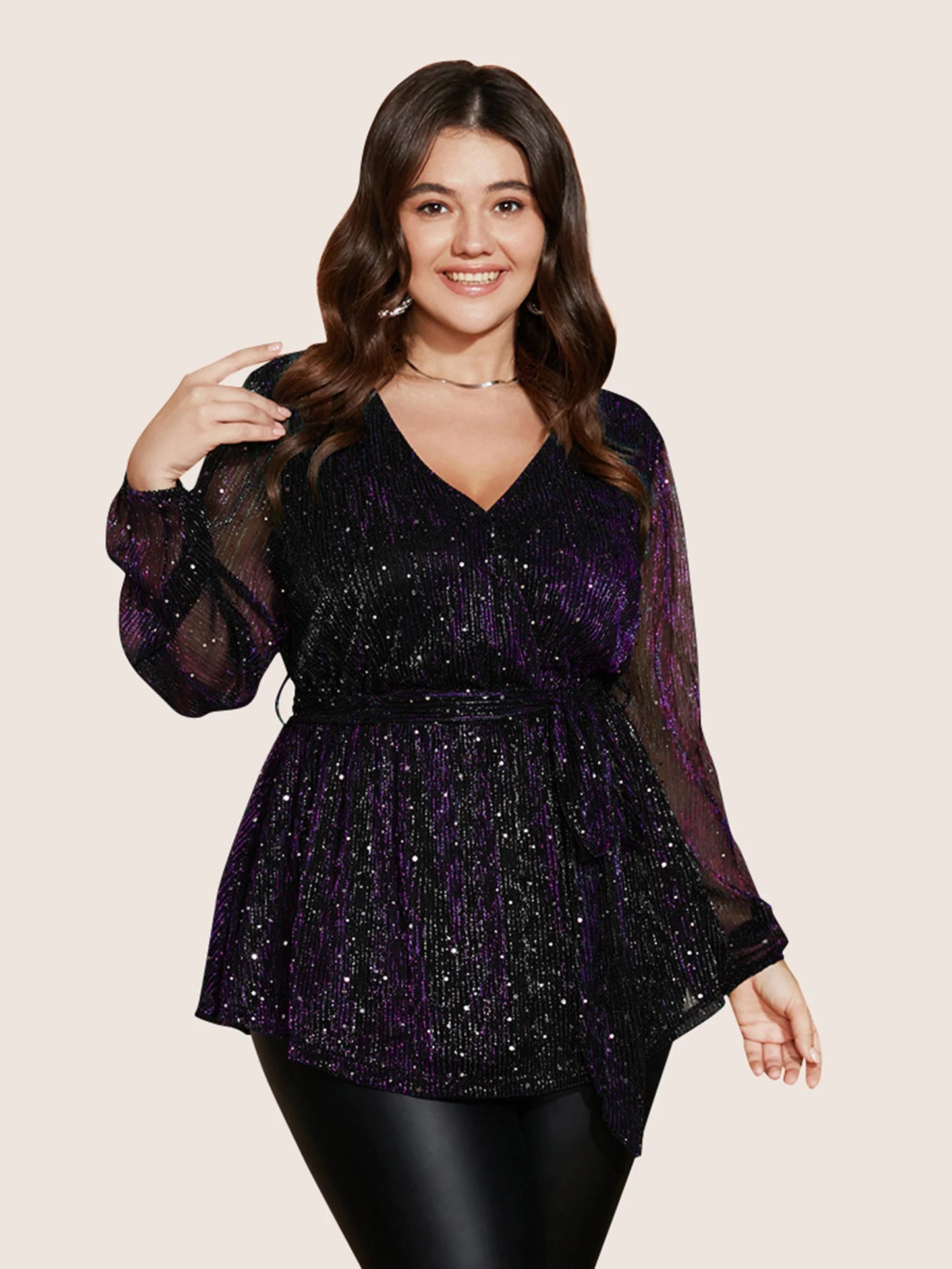 Sequin Mesh Lantern Sleeve Wrap Belted Striped Blouse