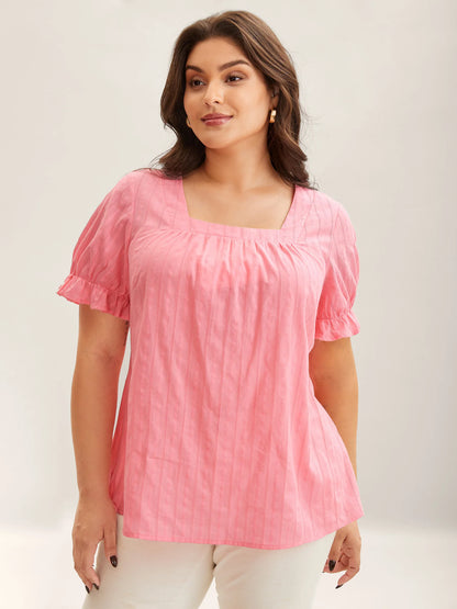 Cotton Square Neck Ruffled Sleeve Shirt