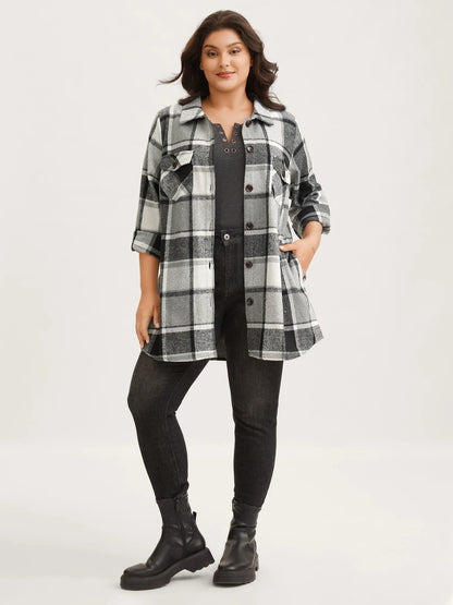 Plaid Chest Pockets Long Jacket