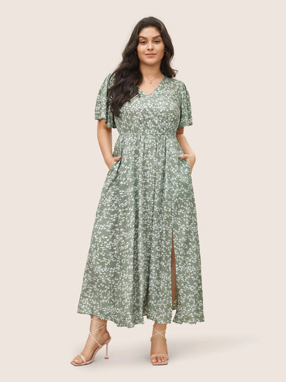 Bloom Dress - Flutter Sleeve Ditsy Floral Pocket Split Maxi Dress