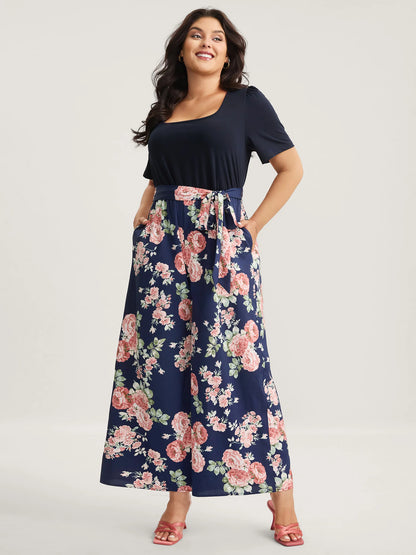 Color Contrast Belted Panel Pockets Jumpsuit