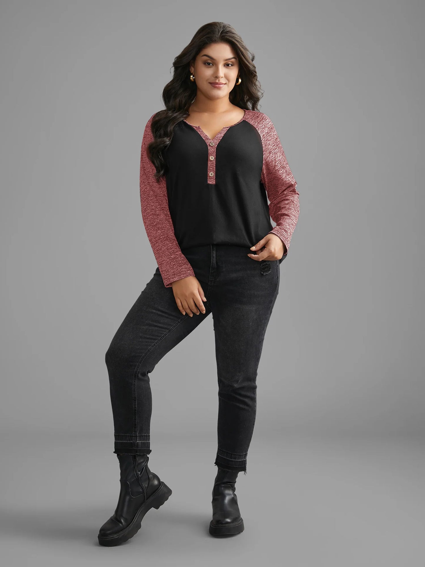 Heather Patchwork Button Detail Stretchy T-Shirt