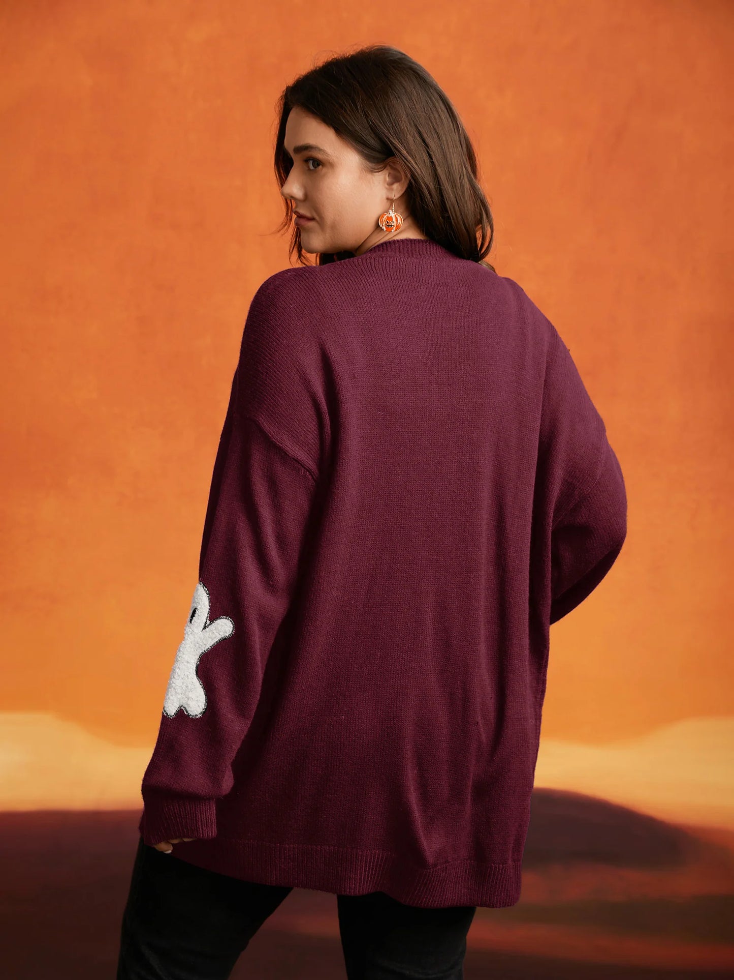 Pumpkin Ghost Embroidery Open Cardigan