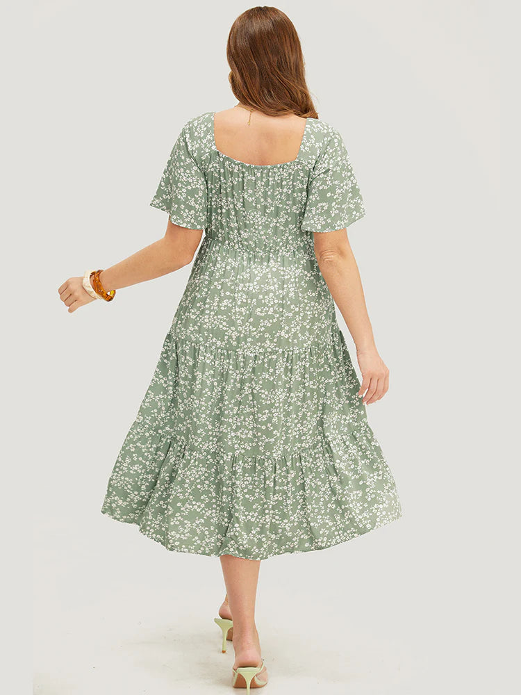 Ditsy Floral Sweetheart Drawstring Pocket Tiered Dress