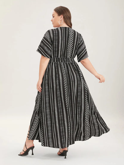 Solid Geometric Dolman Sleeve Pocket Shirred Split Hem Dress