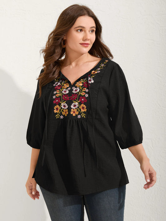 Floral Embroidered Tie Knot Lantern Sleeve Blouse