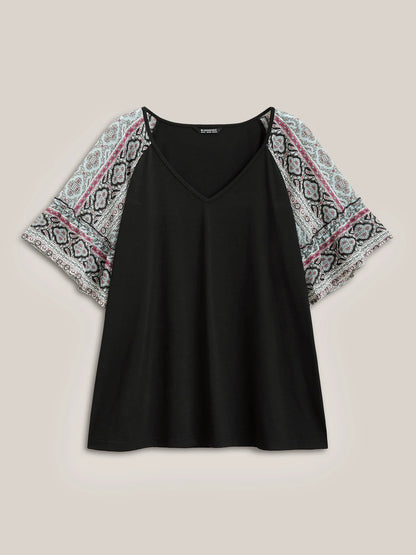 Boho Print Patchwork Raglan Sleeve T-shirt