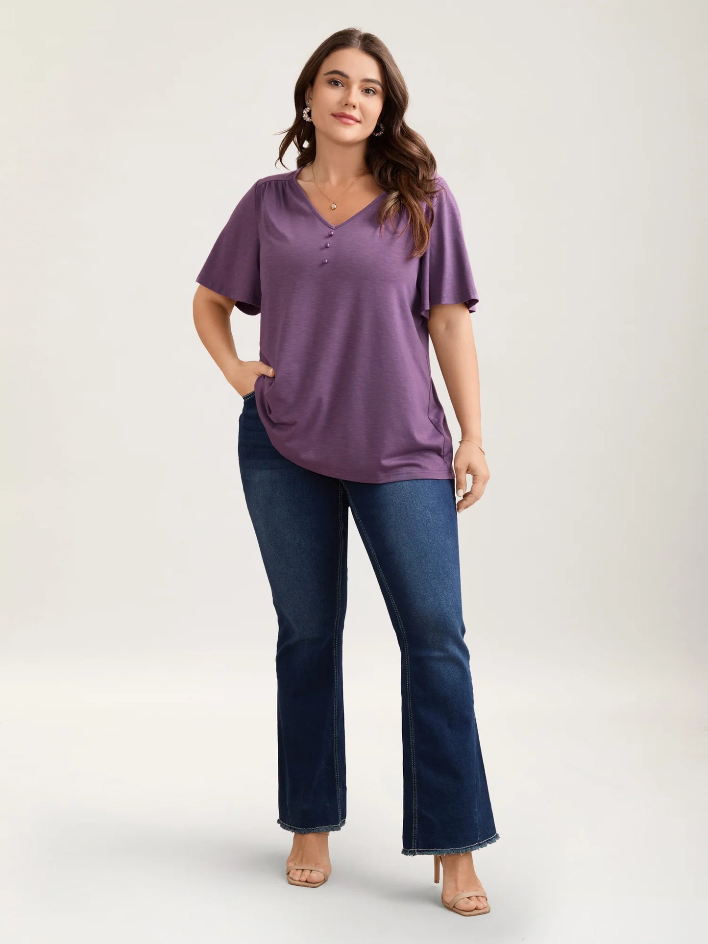 Bamboo Textured Pleated Shoulder Button T-Shirt