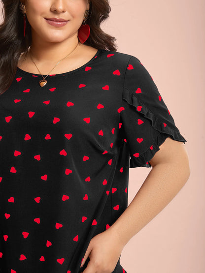 Ruffled Overlap Sleeve Heart Pattern Blouse