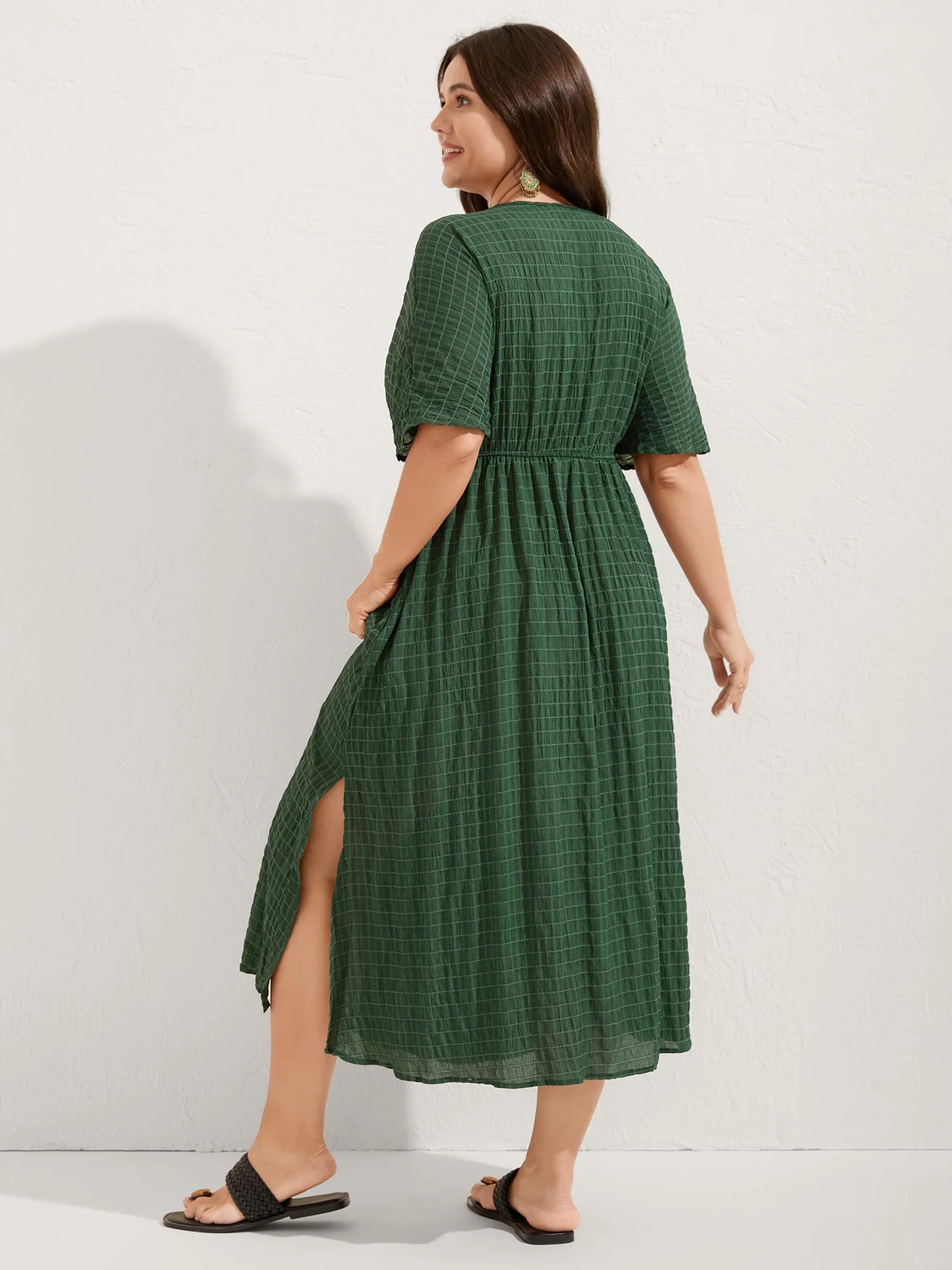 Textured Split Hem Waist-Tie Maxi Dress