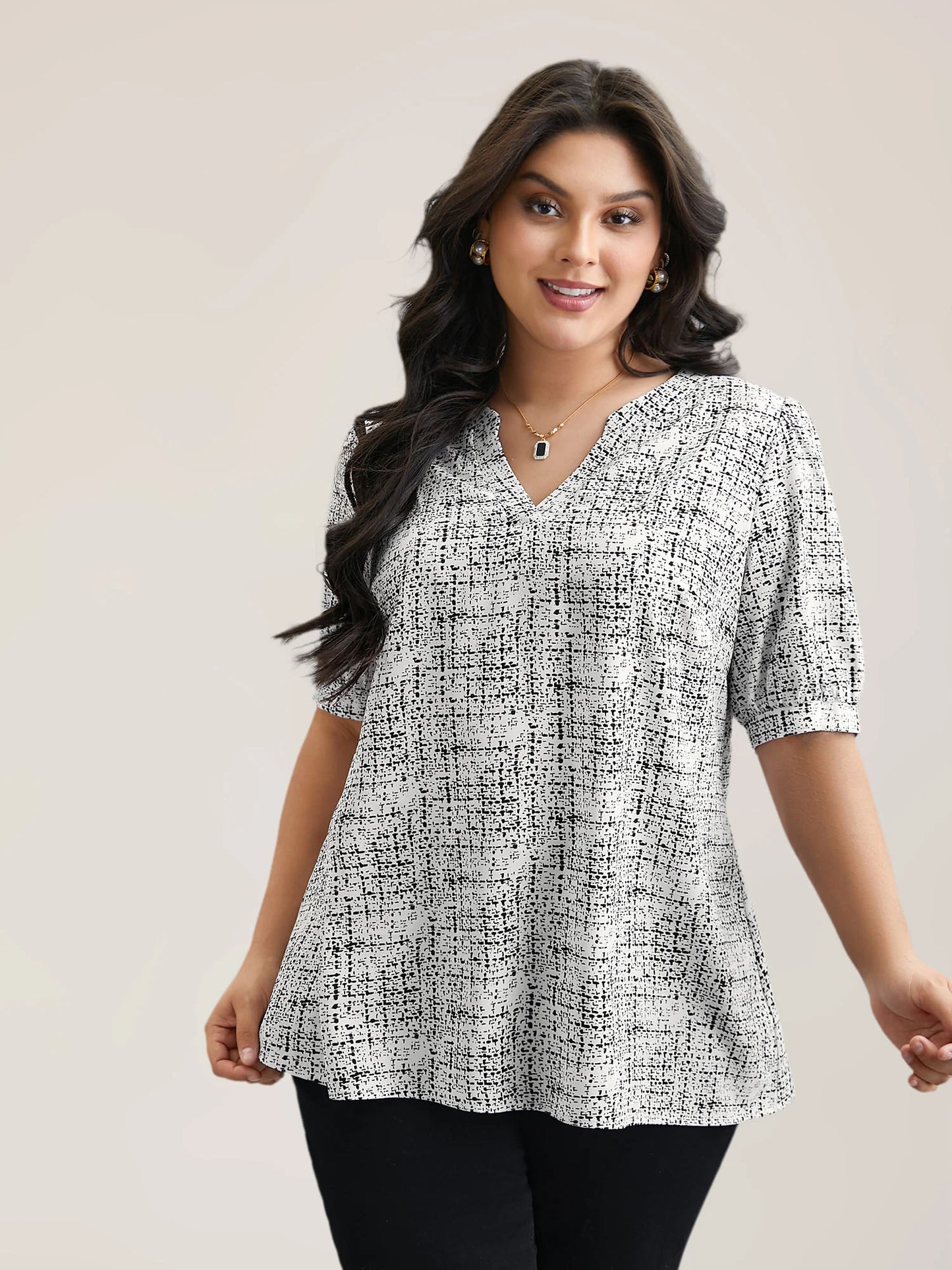 Geometric Print Puff Sleeve Blouse