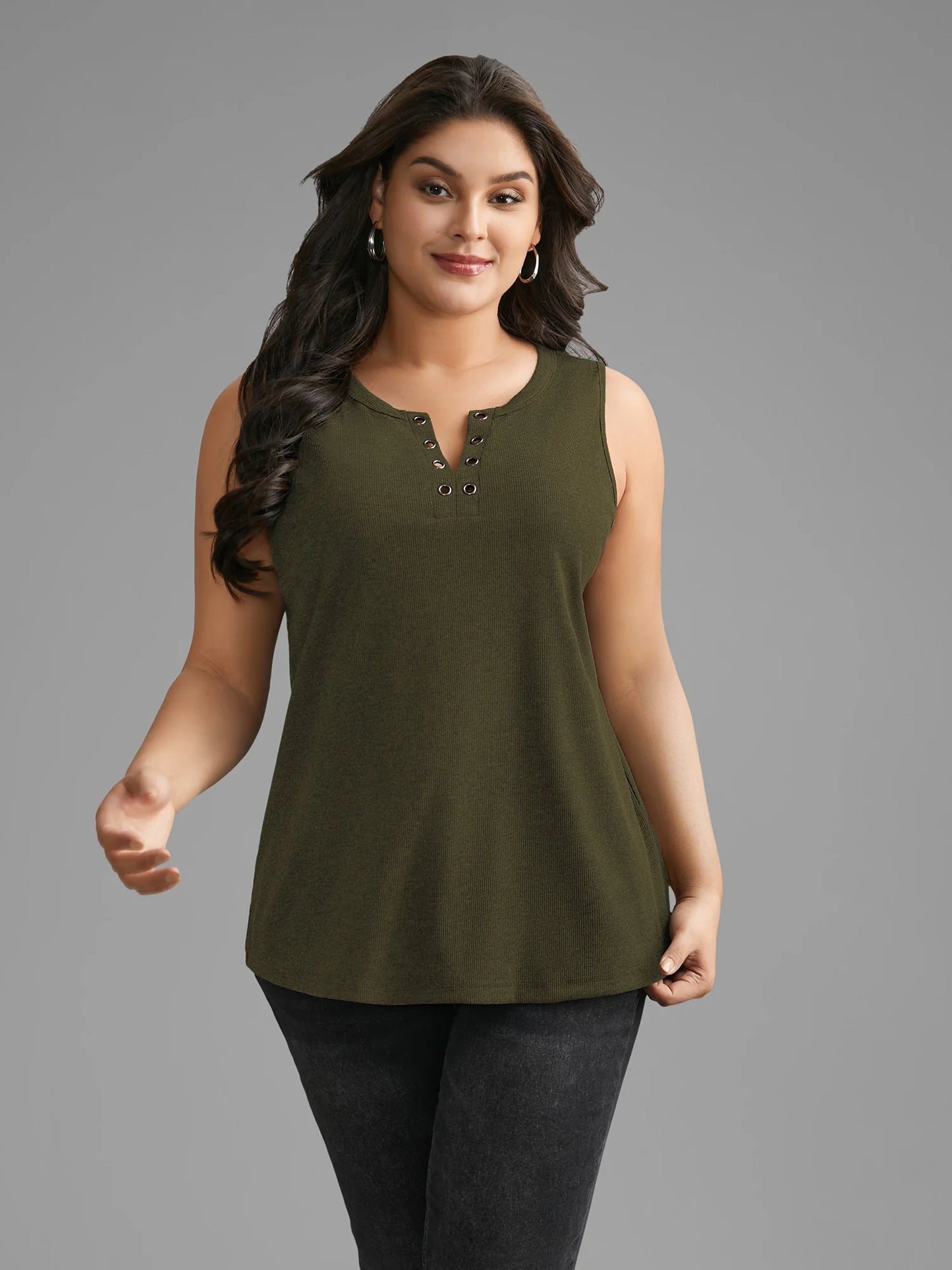 Notched Collar Eyelet Tank Top