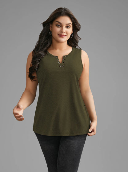 Notched Collar Eyelet Tank Top