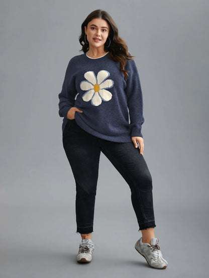 Floral Textured Crew Neck Pullover