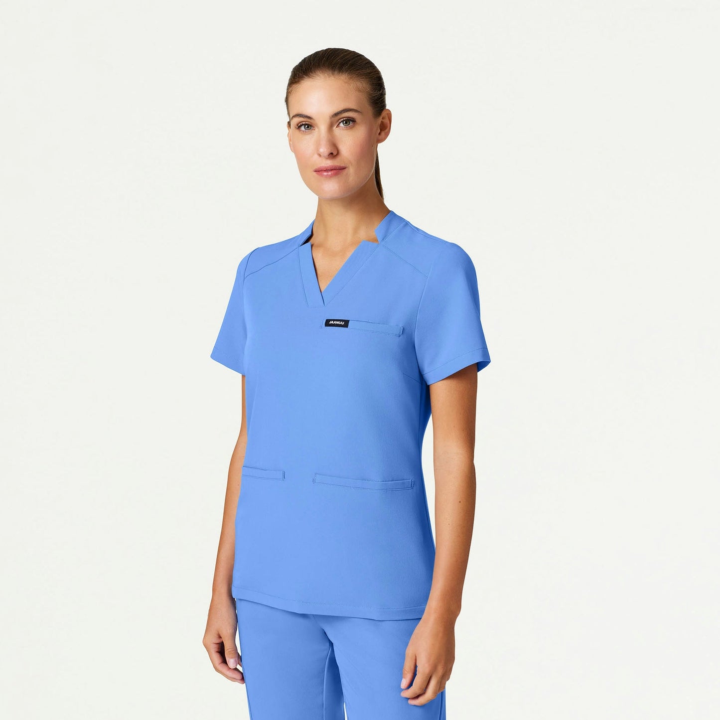 Helia Slim Notched V-Neck Scrub Top - Ceil Blue