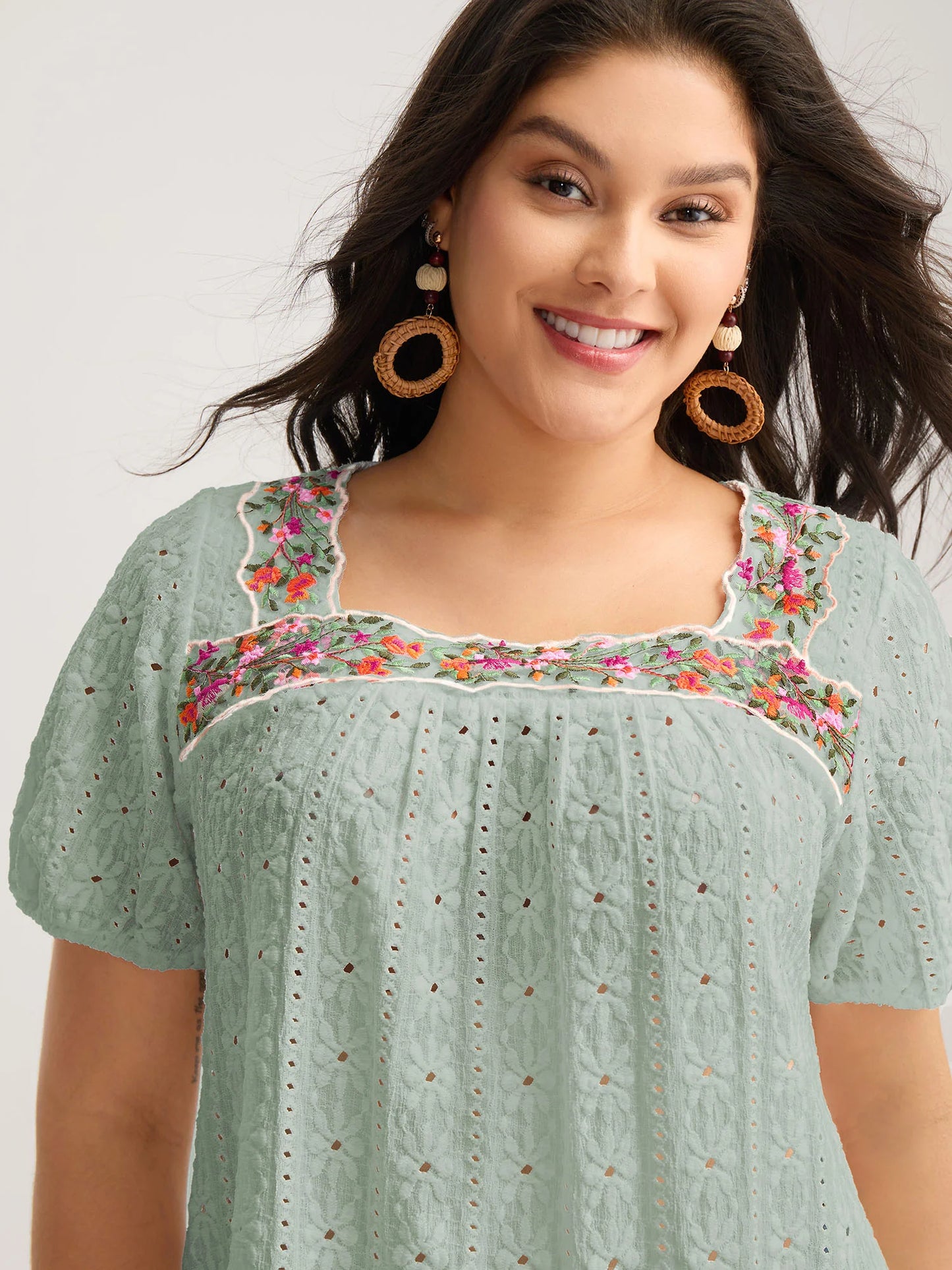 Eyelet Trim Floral Embroidered Solid T-Shirt