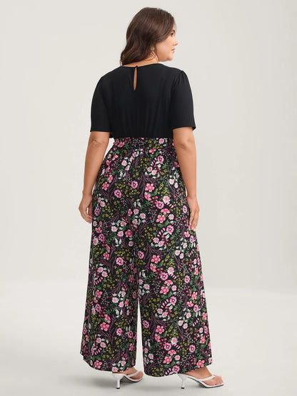 Color Contrast Belted Panel Pockets Jumpsuit