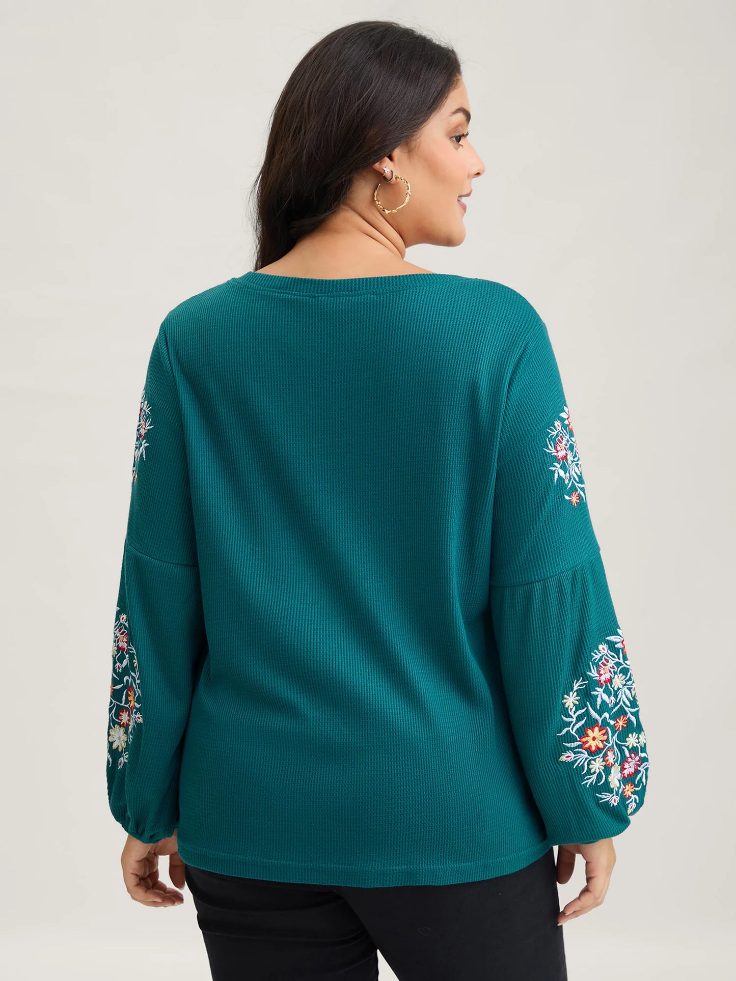 Waffle Knit Floral Embroidered Lantern Sleeve T-shirt