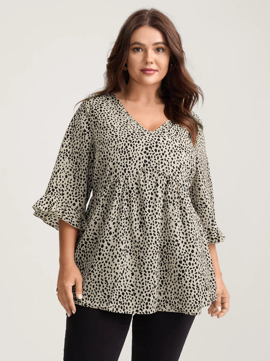 Leopard Print Ruffled Detail V-Neck Blouse