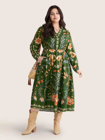 Bandana Print Pocket Lapel Collar Elastic Cuffs Dress