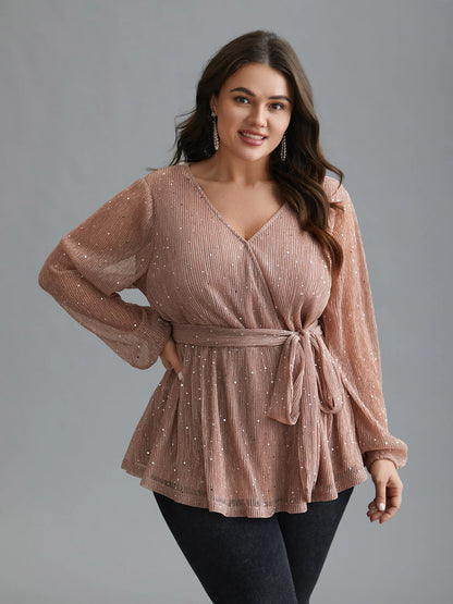 Sequin Mesh Lantern Sleeve Wrap Belted Striped Blouse