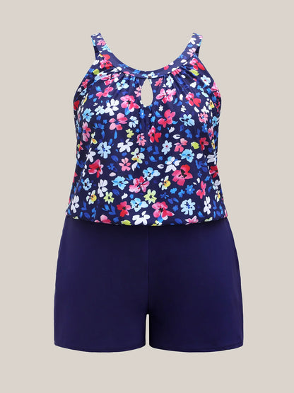 Floral Print Keyhole Pockets Swim Romper