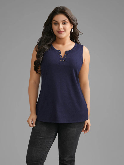 Notched Collar Eyelet Tank Top