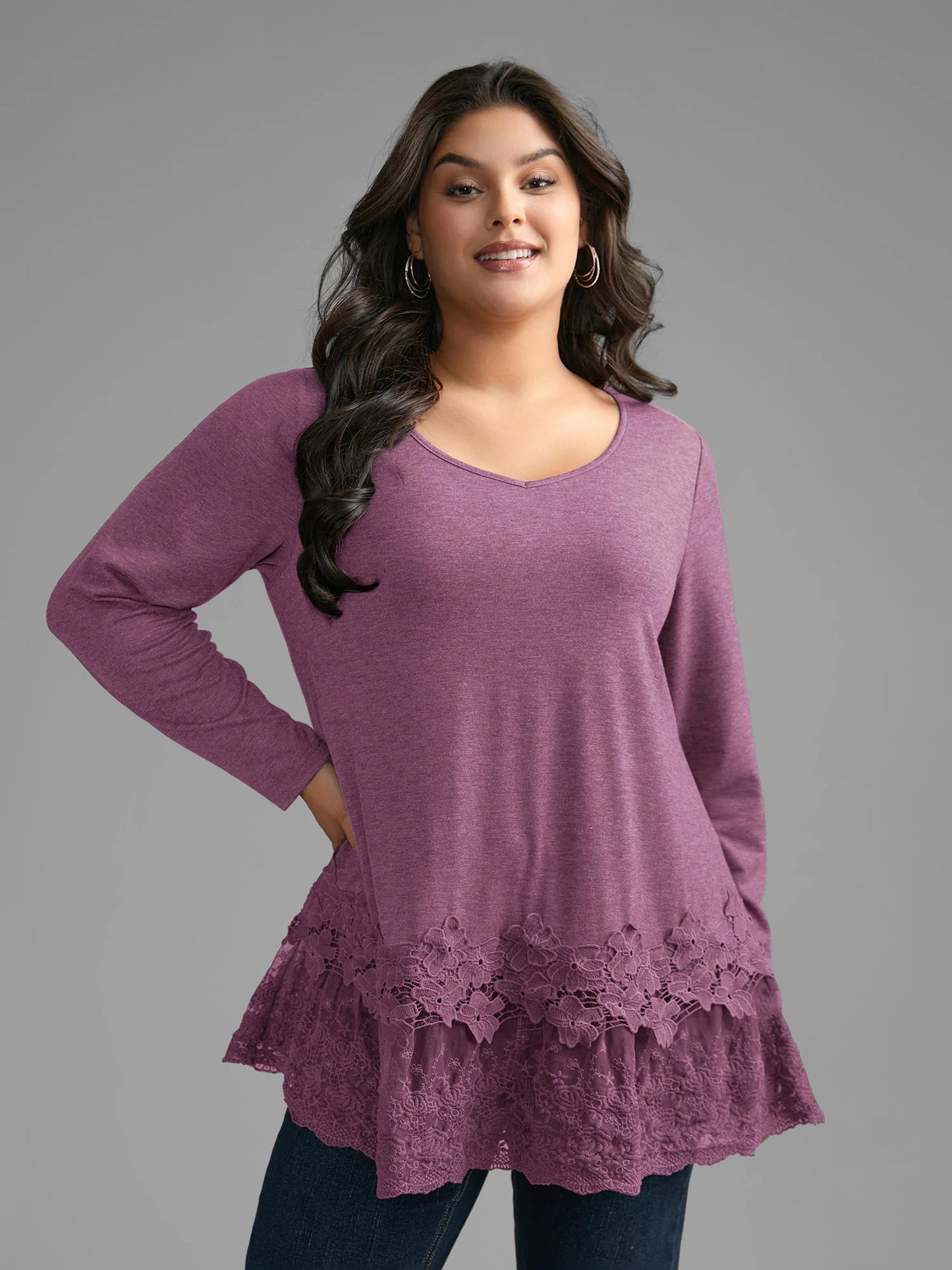 V Neck Lace Panel Jersey Top