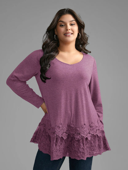 V Neck Lace Panel Jersey Top
