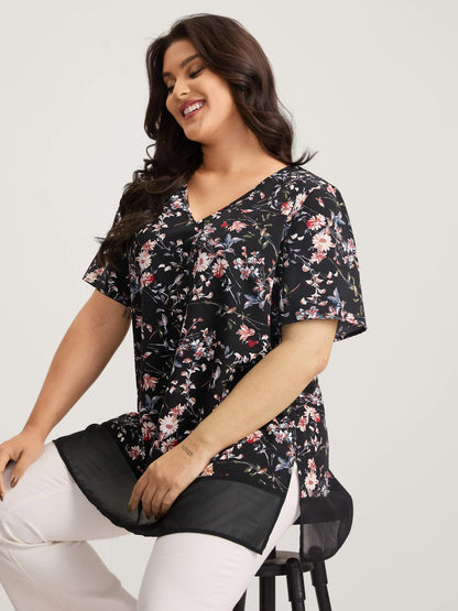 Garden Print Spliced V-Neck Blouse
