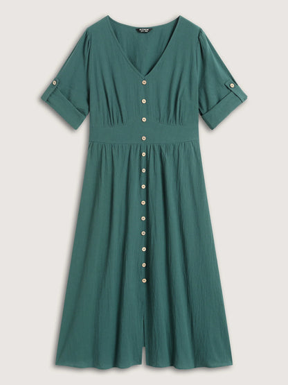 Pure Cotton Button Gathered Sleeve Midi Dress