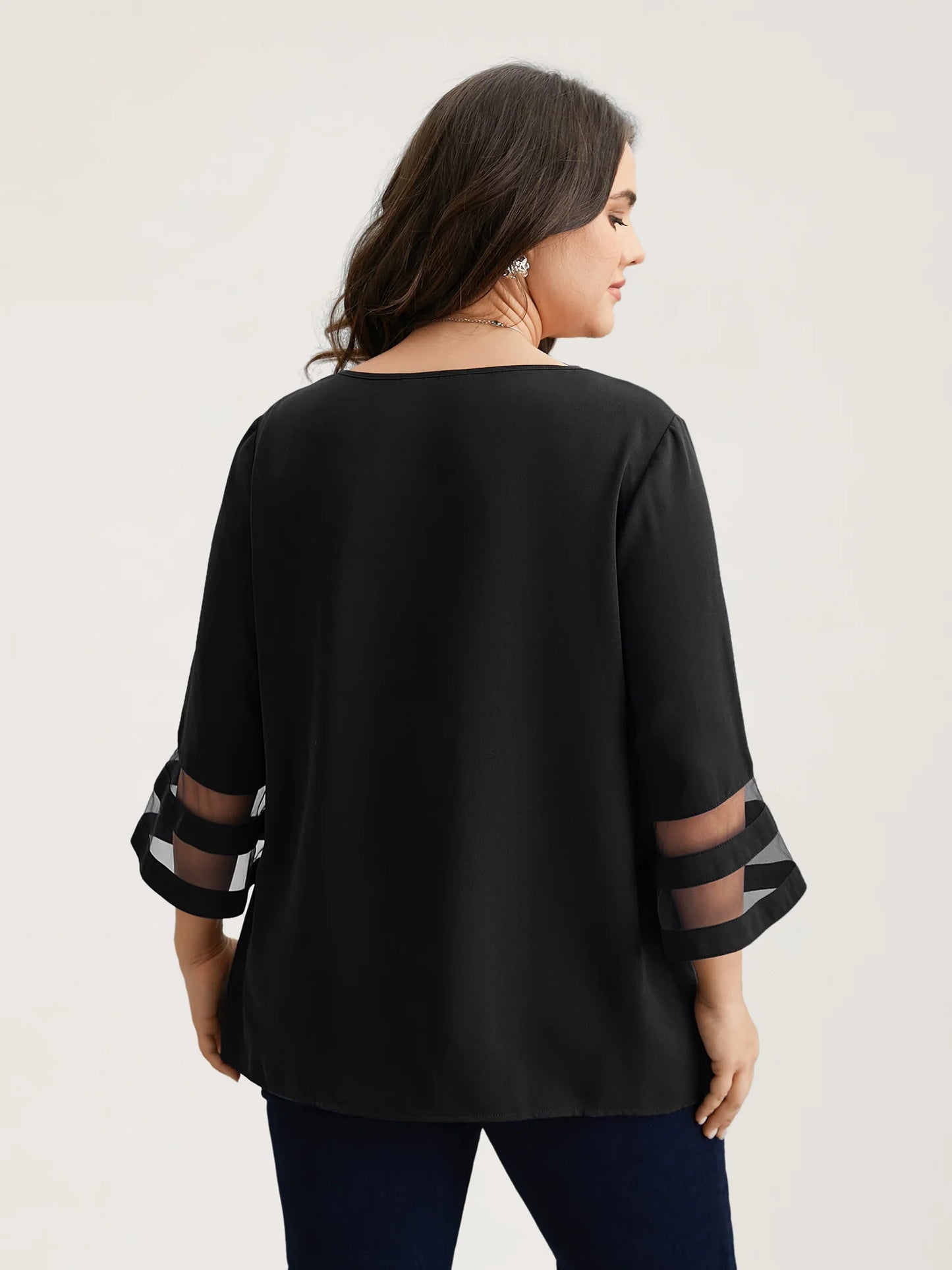 Sheer Sleeve Patchwork Asymmetrical Neckline Blouse