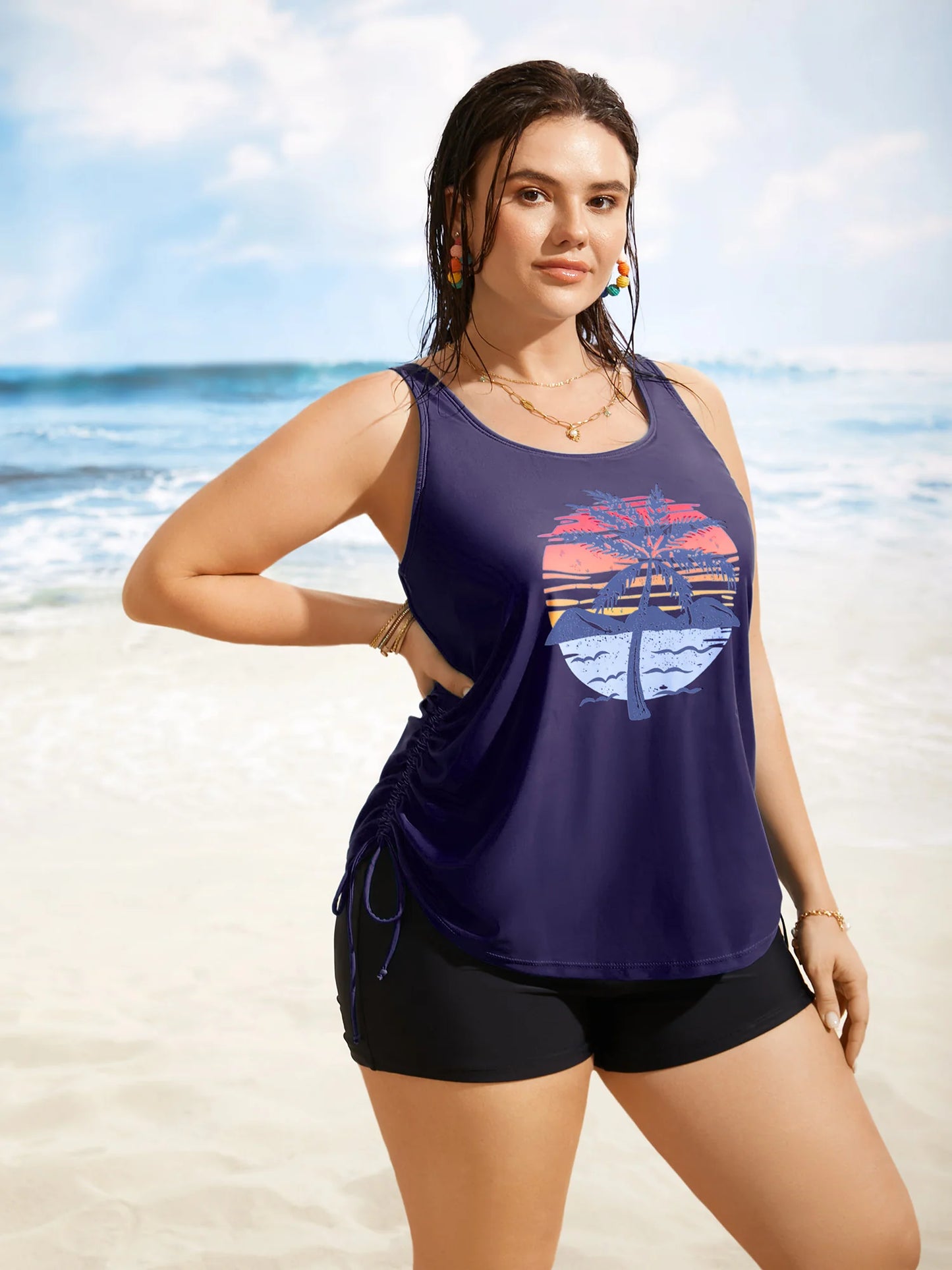 Island Print Drawstring Adjustable Swim Top