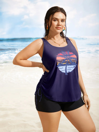 Island Print Drawstring Adjustable Swim Top