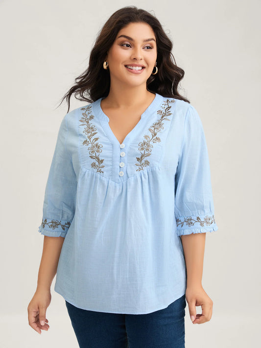 Cotton Floral Embroidered Notched Collar Frill Trim Blouse