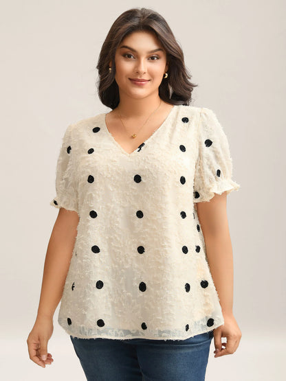 Textured Dots V-Neck Puff Sleeve Blouse