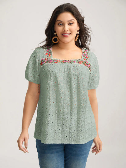 Eyelet Trim Floral Embroidered Solid T-Shirt