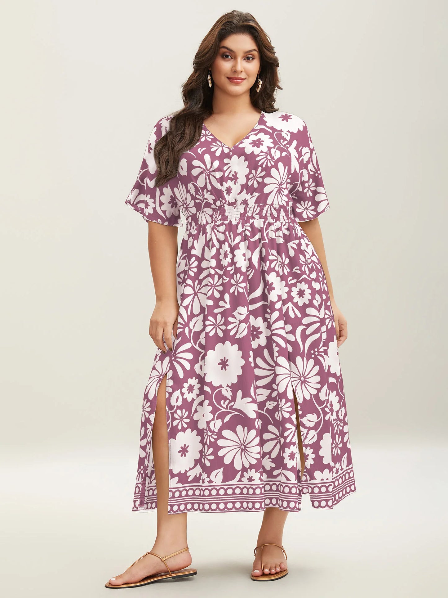 Large Floral Print Pockets Midi Dress
