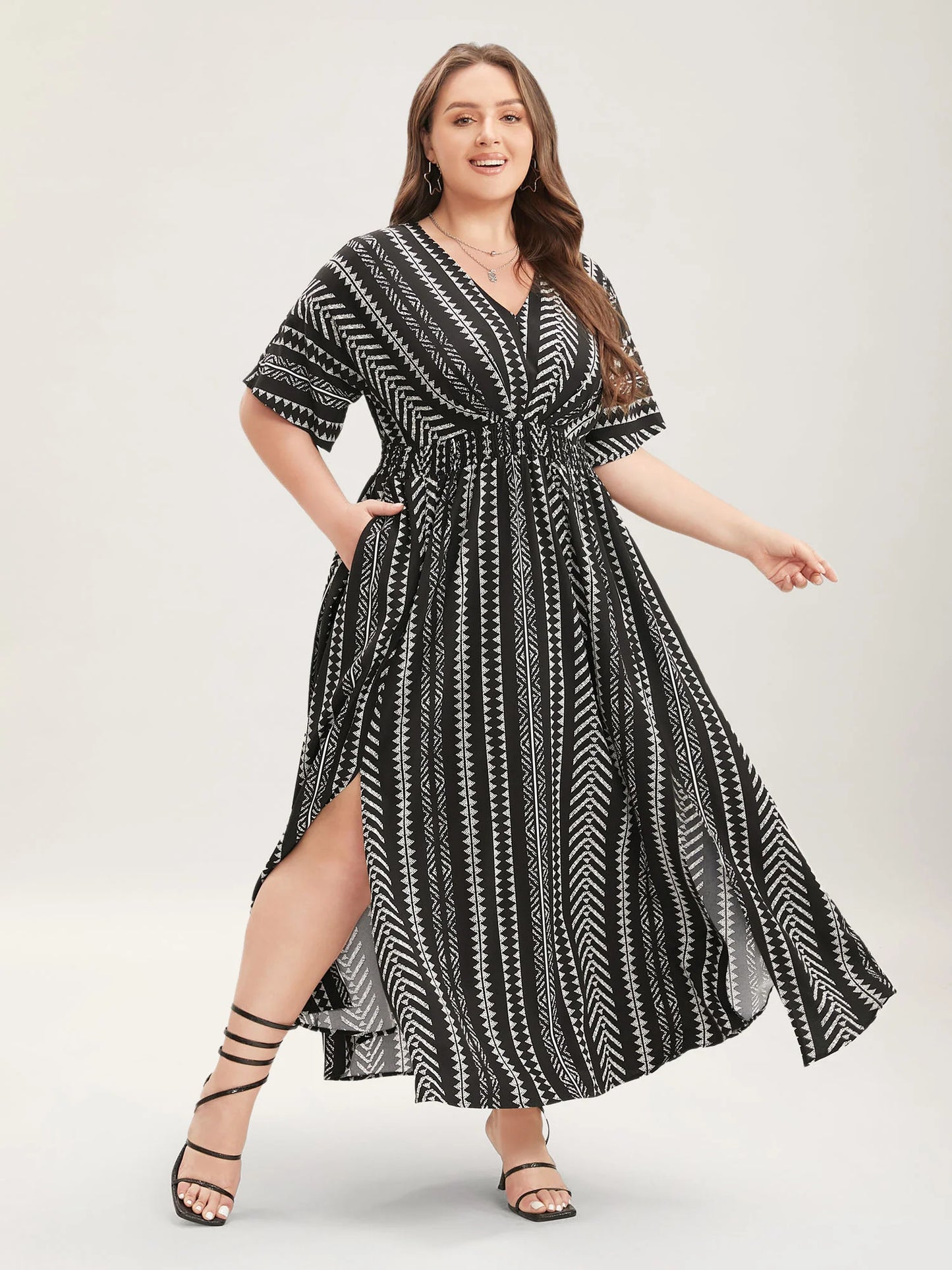 Solid Geometric Dolman Sleeve Pocket Shirred Split Hem Dress